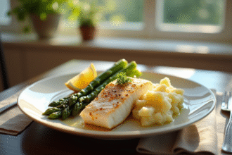 Filet de poisson blanc avec asperges grillées et pommes de terre