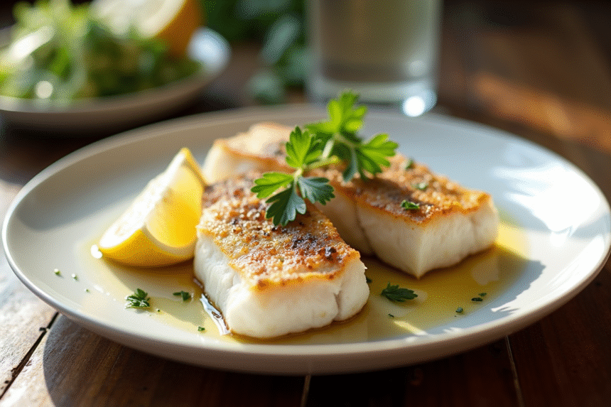 Filets de cabillaud cuits sur une assiette blanche avec citron et persil