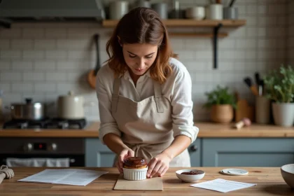 Femme préparant un fondant au chocolat dans une cuisine chaleureuse