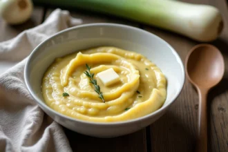 Fondue de poireaux maison dorée et crémeuse servie dans un bol en céramique rustique sur une table en bois