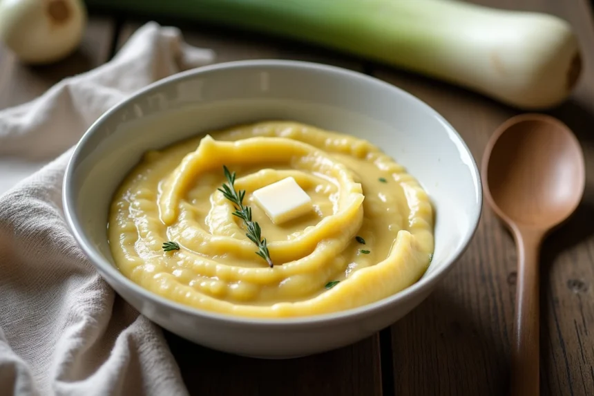 Fondue de poireaux maison dorée et crémeuse servie dans un bol en céramique rustique sur une table en bois