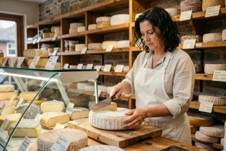 Fromagère découpant une meule de Beaufort dans une fromagerie artisanale française avec étiquettes de prix manuscrites