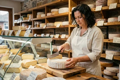 Fromagère découpant une meule de Beaufort dans une fromagerie artisanale française avec étiquettes de prix manuscrites