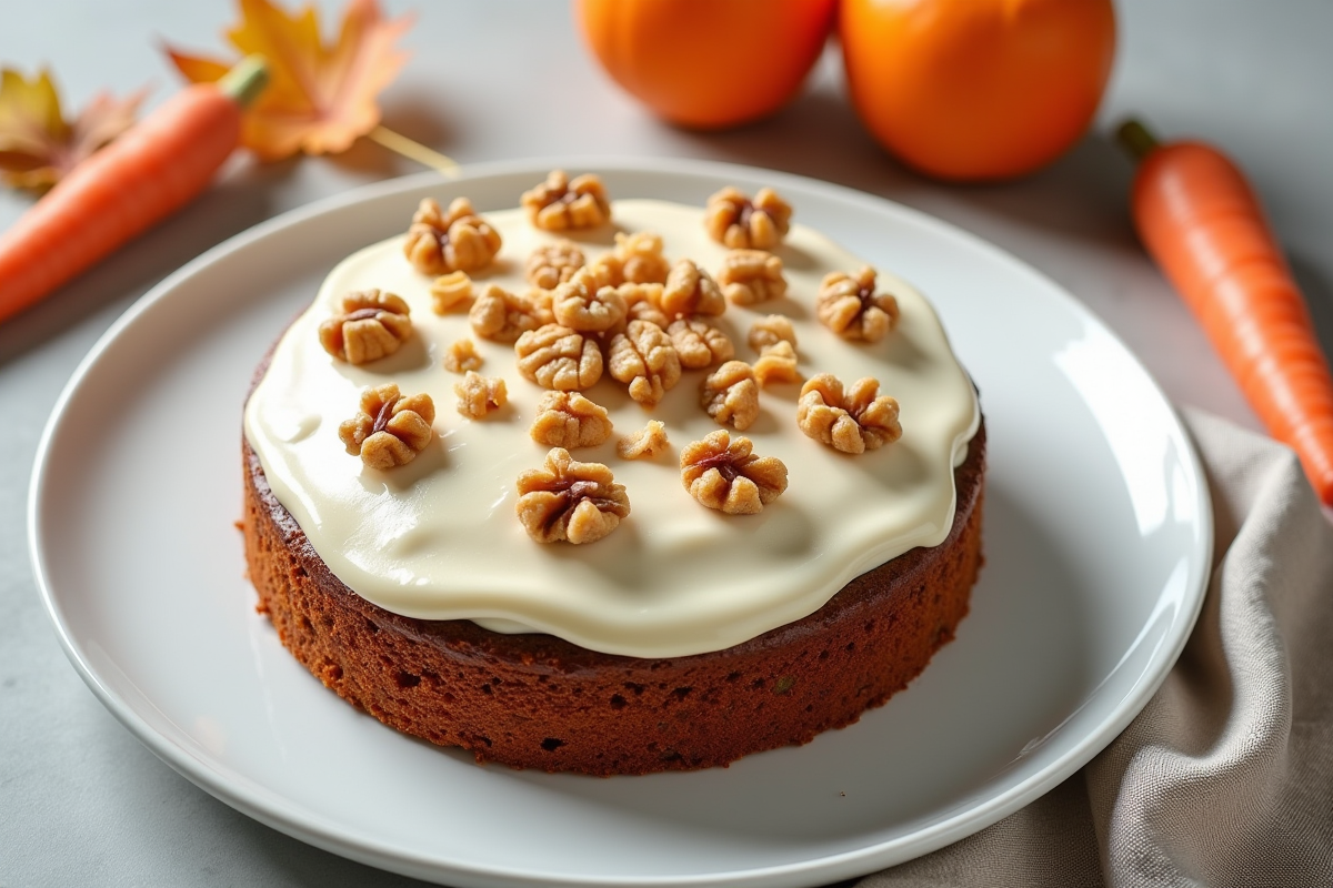 Gâteau aux carottes entier décoré avec noix sur une assiette blanche