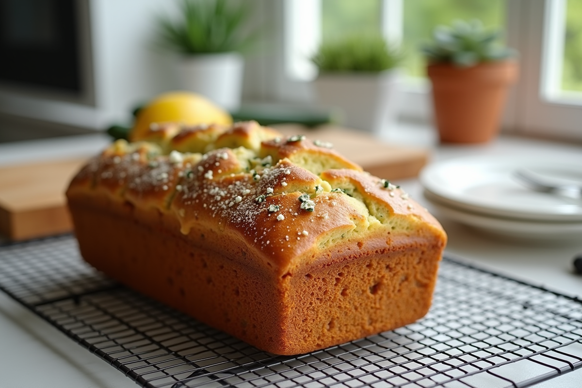Gâteau courgette feta entier refroidissant en cuisine lumineuse