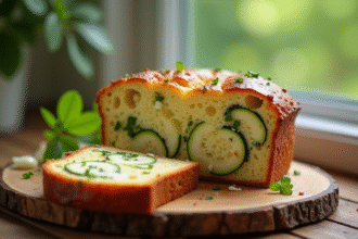 Tranche de gâteau courgette feta sur planche rustique