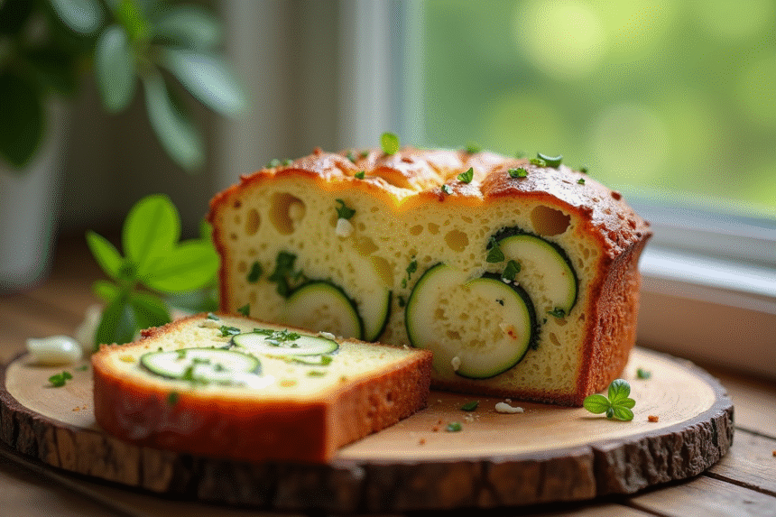 Tranche de gâteau courgette feta sur planche rustique