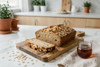 Gâteau flocon d'avoine vegan coupé en tranches sur une planche en bois rustique avec du sirop d'érable