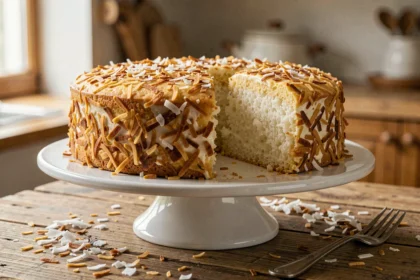 Gâteau de noix de coco moelleux sur un présentoir blanc avec des flocons de coco dorés, posé sur une table en bois rustique