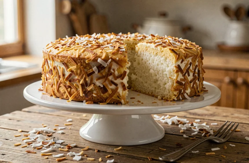 Gâteau de noix de coco moelleux sur un présentoir blanc avec des flocons de coco dorés, posé sur une table en bois rustique