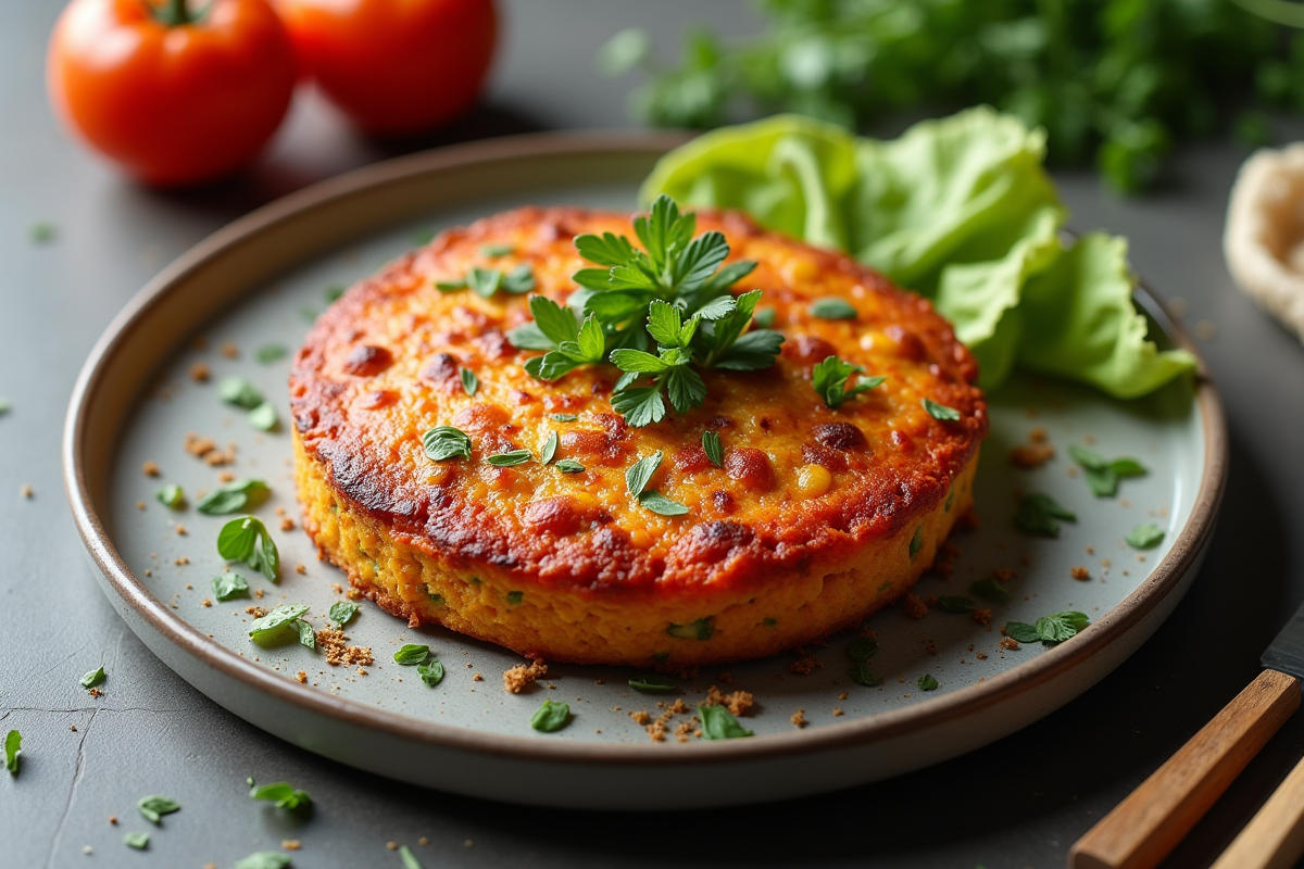 Gâteau végétarien au chorizo entier sur assiette moderne avec herbes fraîches