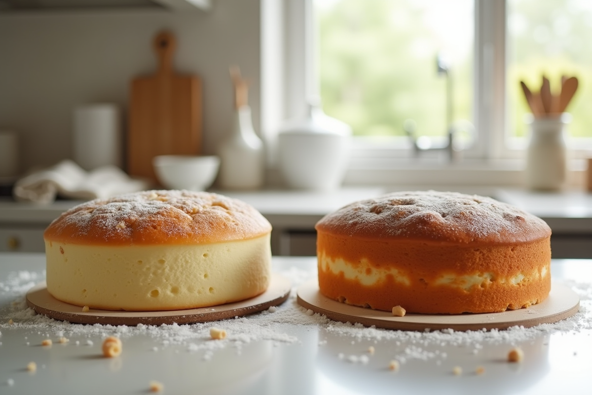 Deux gâteaux sur une table avec ingrédients de boulangerie