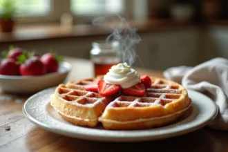 Gaufre croustillante et dorée sur assiette blanche avec sucre glace, fraises fraîches et crème fouettée, sur une table en bois rustique