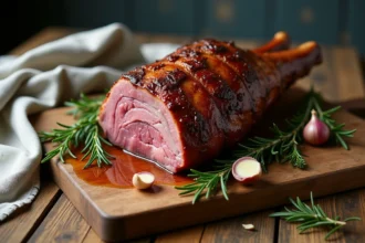 Gigot de chevreuil rôti entier sur une planche en bois rustique entouré d'herbes fraîches et d'ail