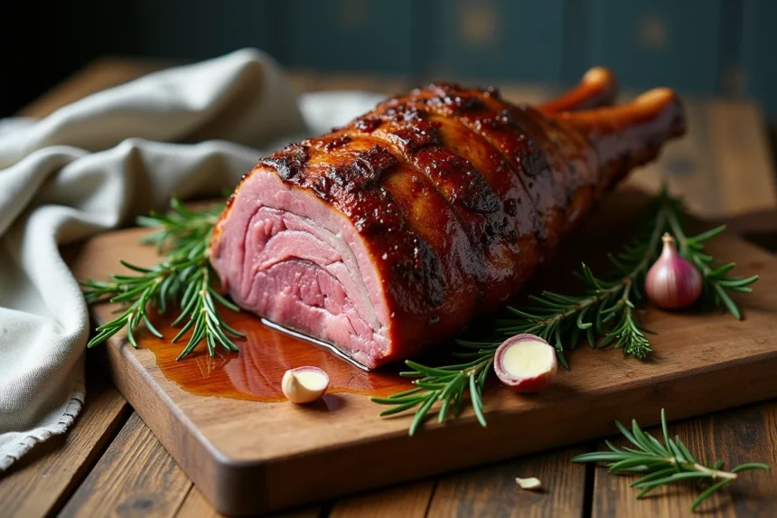 Gigot de chevreuil rôti entier sur une planche en bois rustique entouré d'herbes fraîches et d'ail