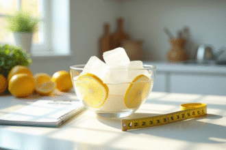 Gobelet rempli de glaçons croquants et tranches de citron sur un plan de cuisine lumineux