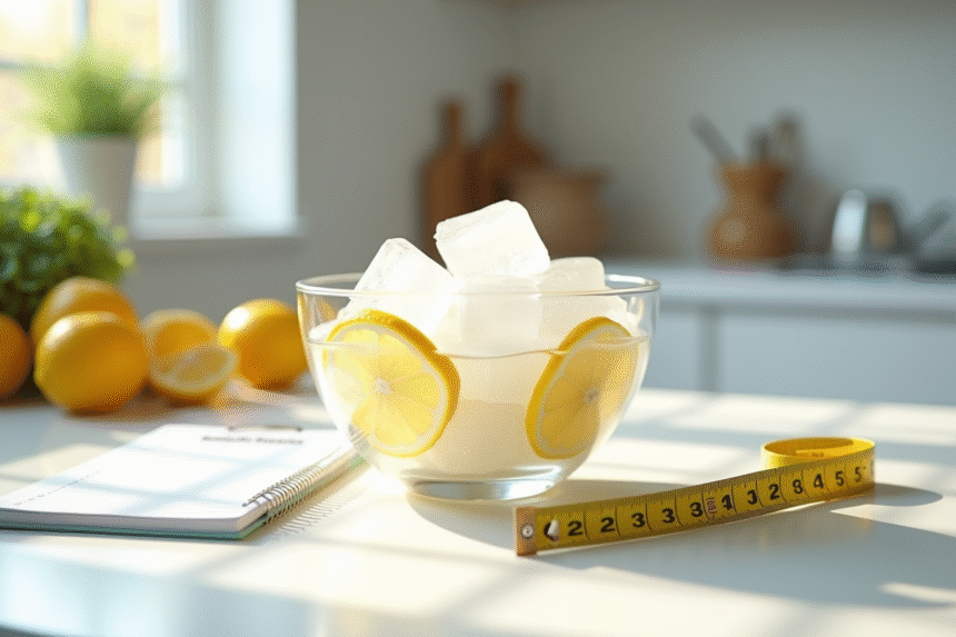 Gobelet rempli de glaçons croquants et tranches de citron sur un plan de cuisine lumineux