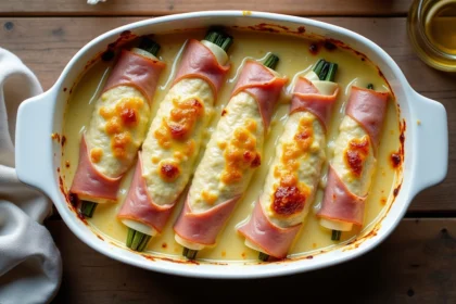 Gratin d'endives au jambon avec béchamel dorée dans un plat en céramique blanche, vue de dessus sur table en bois rustique