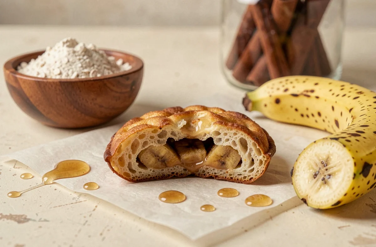 Gros plan d'un beignet à la banane coupé en deux révélant sa texture moelleuse, accompagné de farine d'avoine et de miel pour une recette moins sucrée