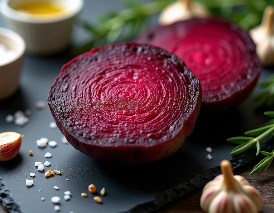 Gros plan d'une betterave rouge rôtie en coupe transversale montrant ses anneaux concentriques caramélisés sur une ardoise