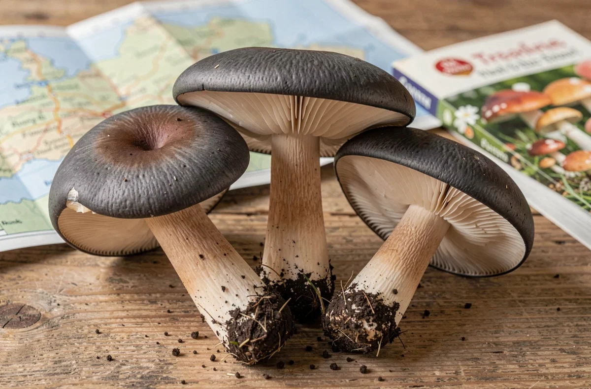 Gros plan sur trois champignons charbonniers fraîchement cueillis posés sur une table en bois avec une carte topographique de région française
