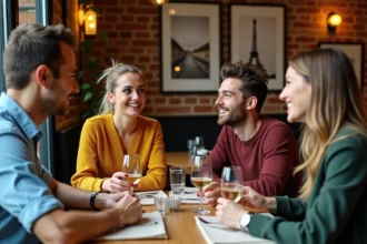 Groupe d'amis souriants dans un bistro à Argenteuil