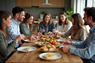 Groupe d'amis riant autour d'une table de fête conviviale
