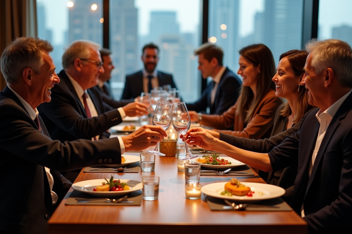 Groupe de convives divers riant et trinquant au restaurant