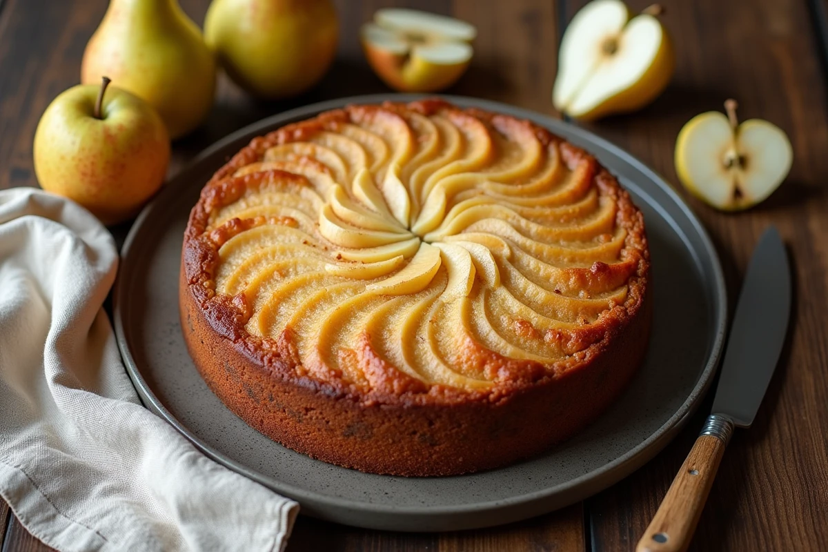 Gâteau aux poires fait maison avec fruits et ustensiles rustiques
