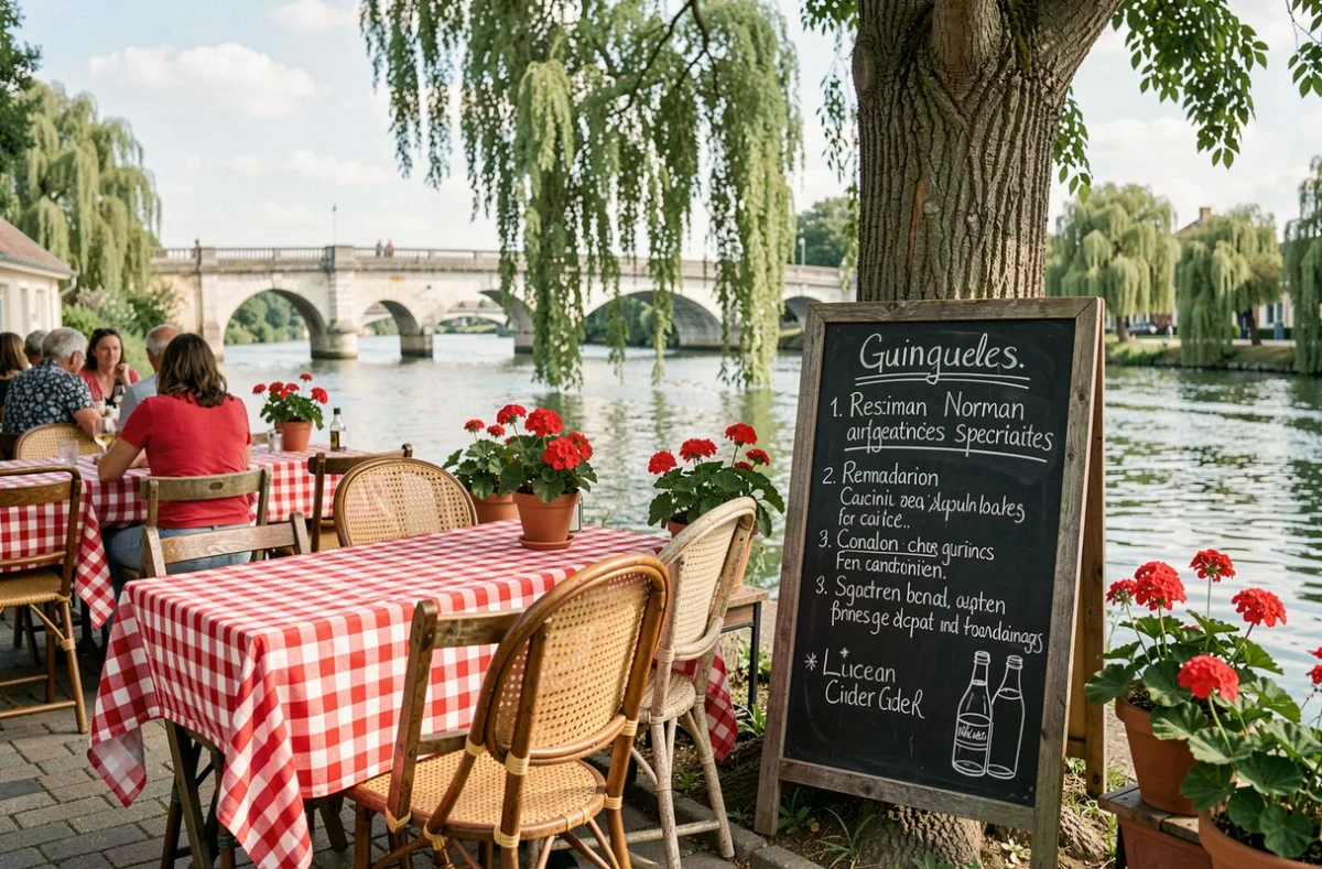Terrasse de guinguette au bord de l'Orne à Caen avec tables à carreaux rouges et ardoise de spécialités normandes