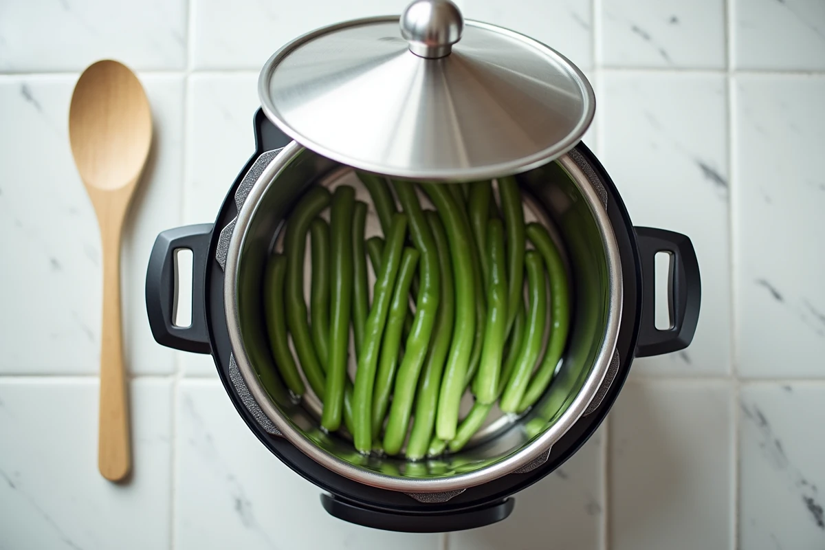 Gros plan sur des haricots verts crus dans une cocotte-minute prête à être fermée