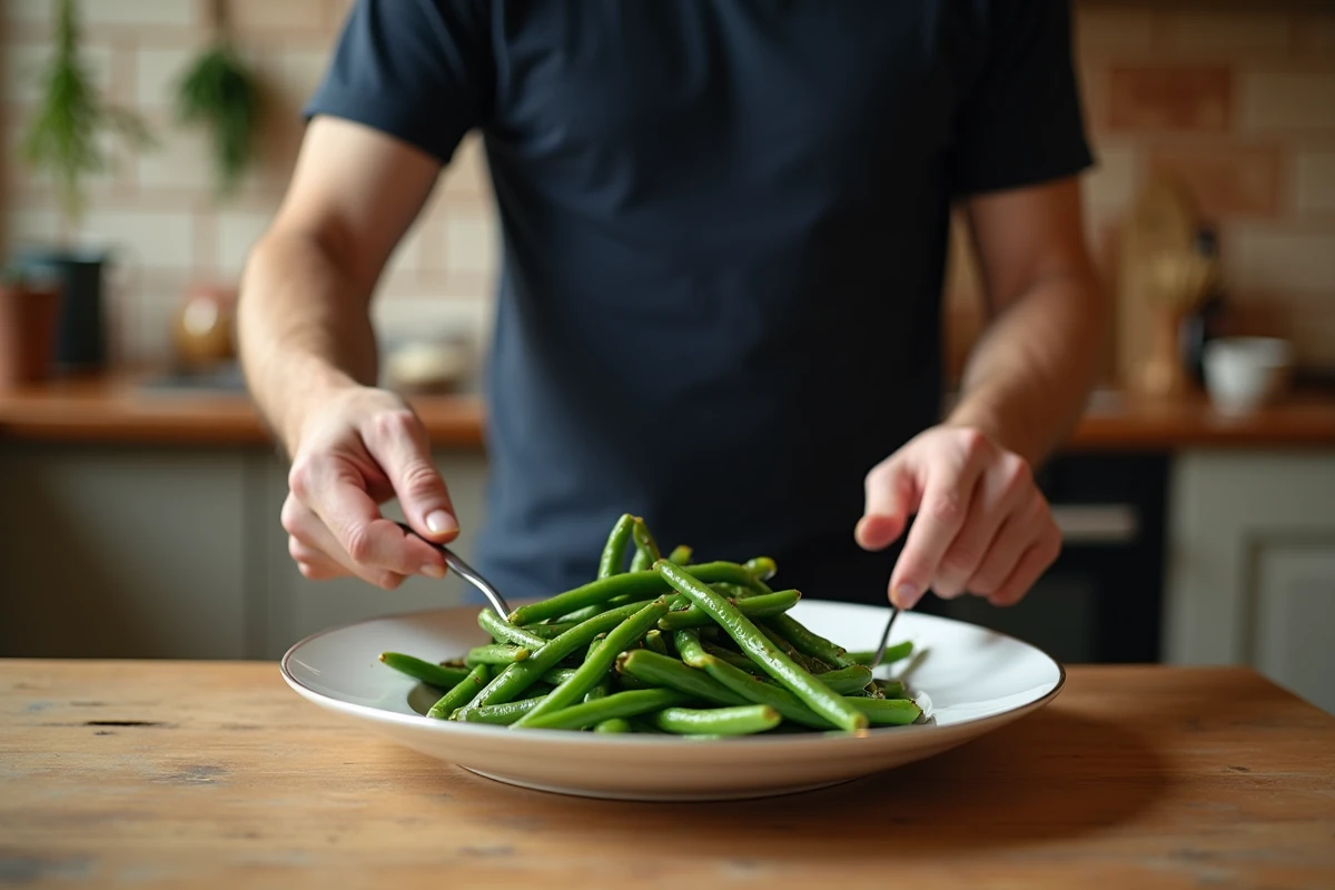 Assiette de haricots verts bien cuits et fermes servis après cuisson à la cocotte-minute