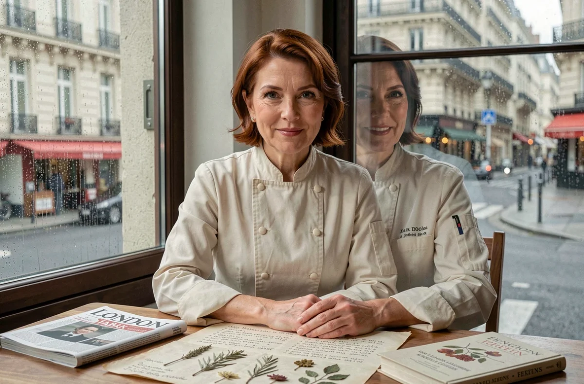 Hélène Darroze dans son bureau parisien entouré de menus manuscrits évoquant ses deux adresses Paris et Londres