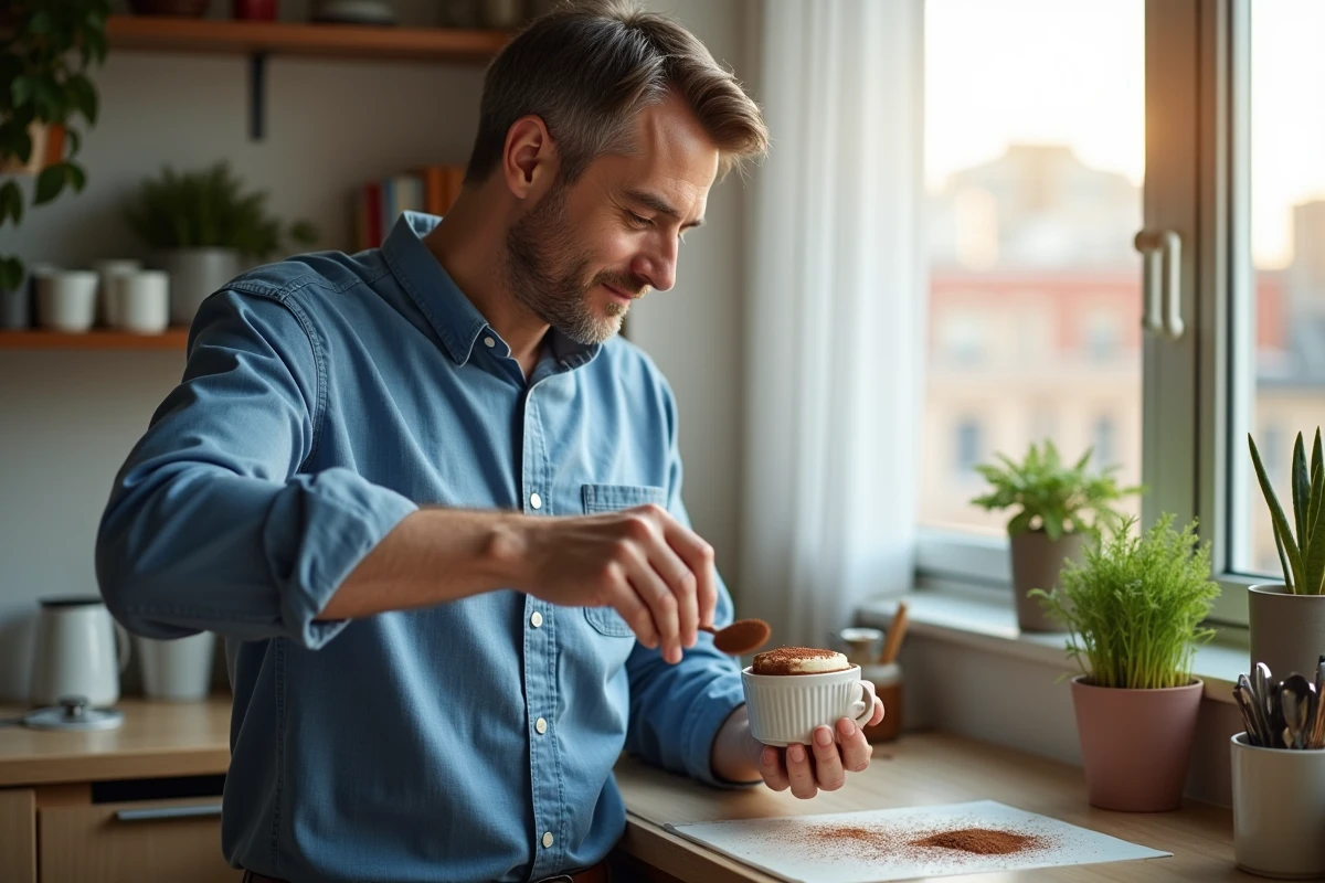 Homme en cuisine urbaine décorée avec mugcake et cacao