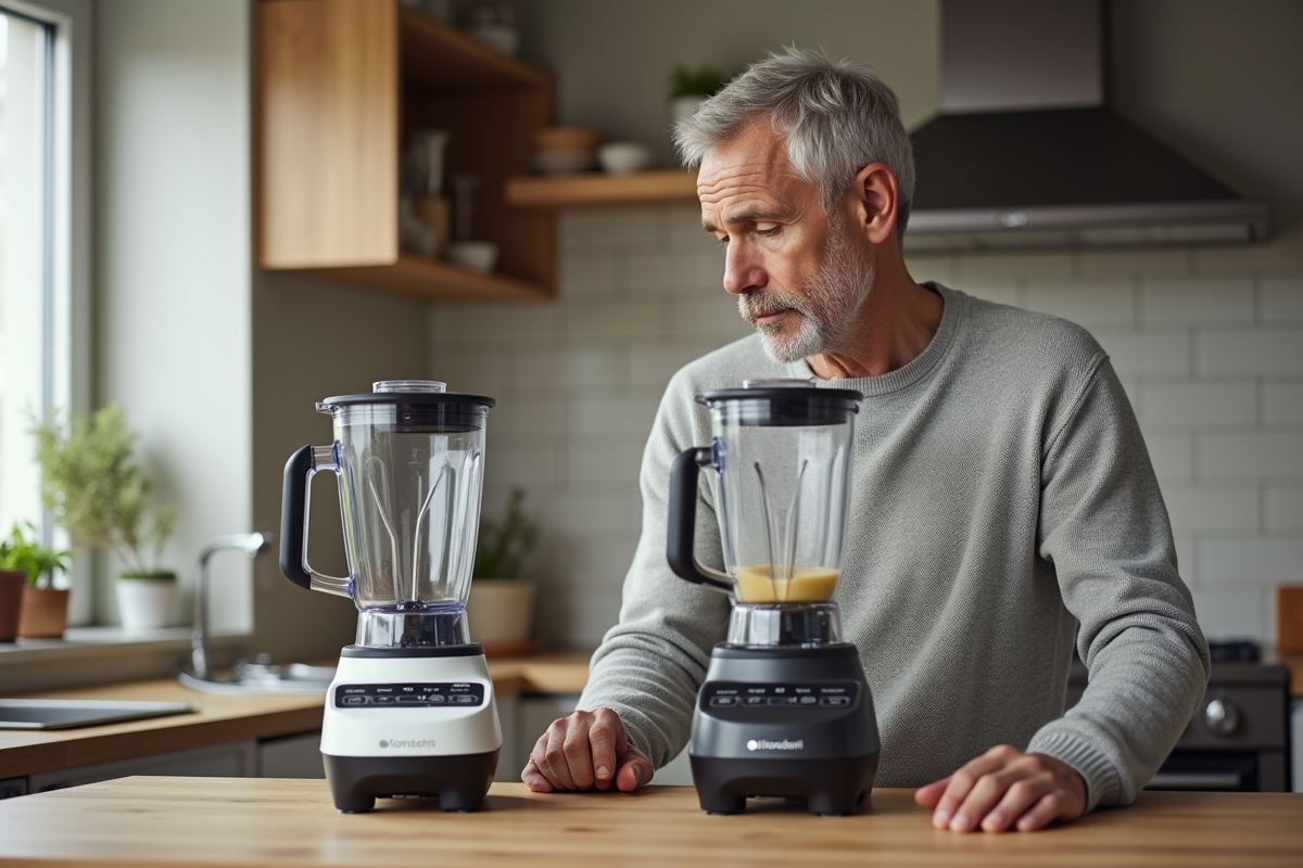 Homme comparant deux blenders dans une cuisine chaleureuse