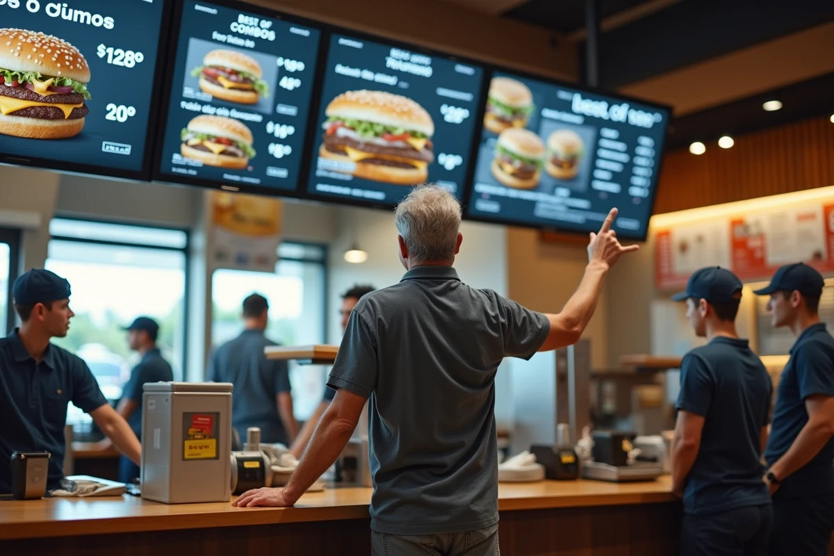 Un homme compare les options du menu Best Of McDonald's au comptoir d'un fast-food