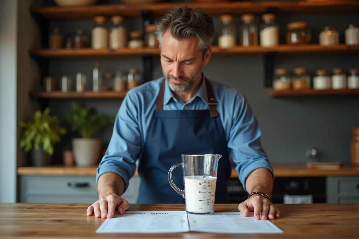 Homme en tablier comparant un tableau de conversion grammes centilitres à côté d'un verre doseur en cuisine rustique
