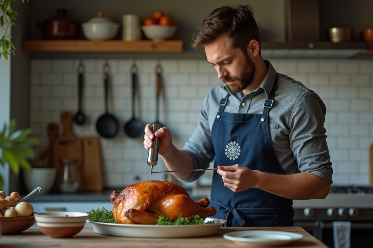 Jeune homme contrôlant la cuisson du poulet avec un thermometre