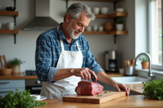 Homme en cuisine vérifiant la température de la viande