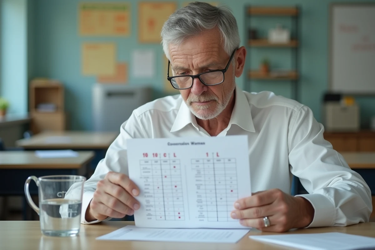 Homme âgé étudie un tableau de conversion en classe