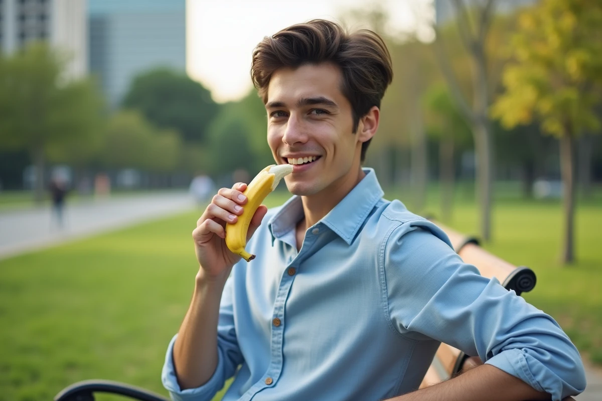 Jeune homme dégustant une banane dans un parc en matinée
