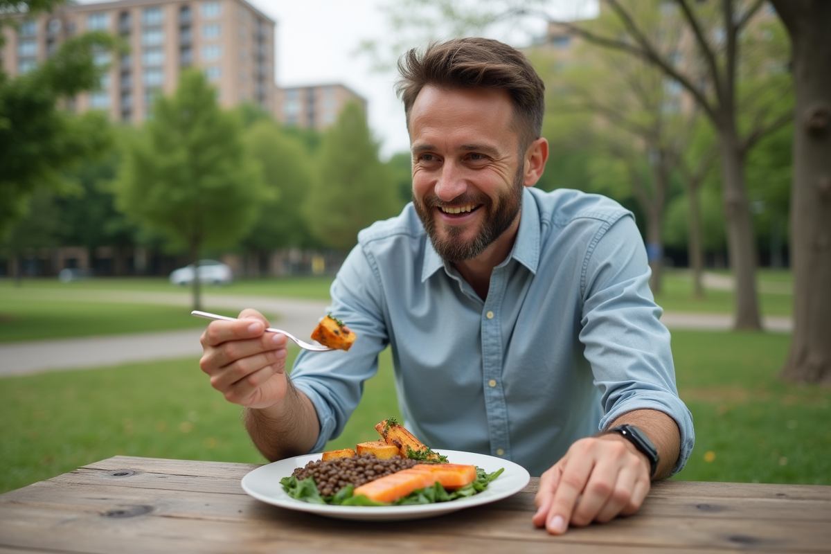 Homme dégustant un repas équilibré en plein air
