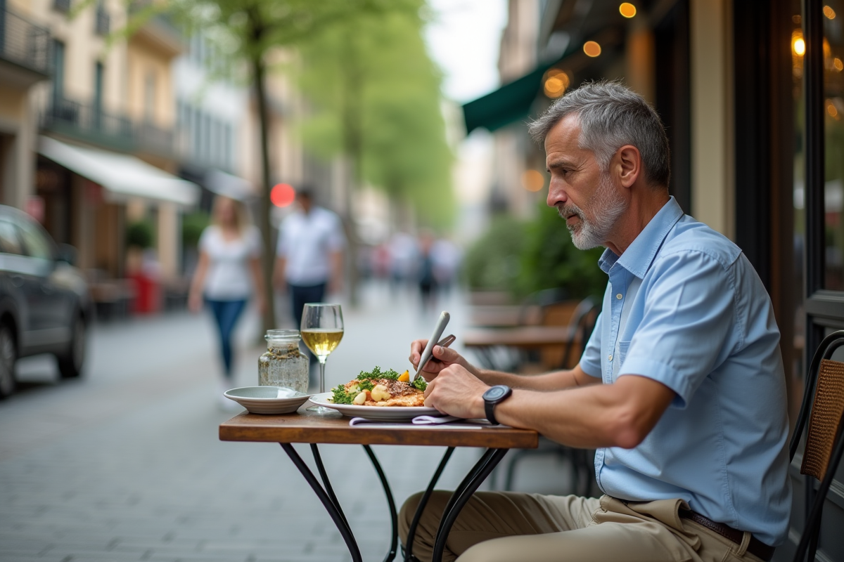 Homme dégustant un poisson grillé dans un café en plein air