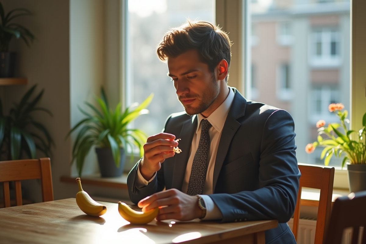 Jeune homme en tenue décontractée avec banane sur le comptoir
