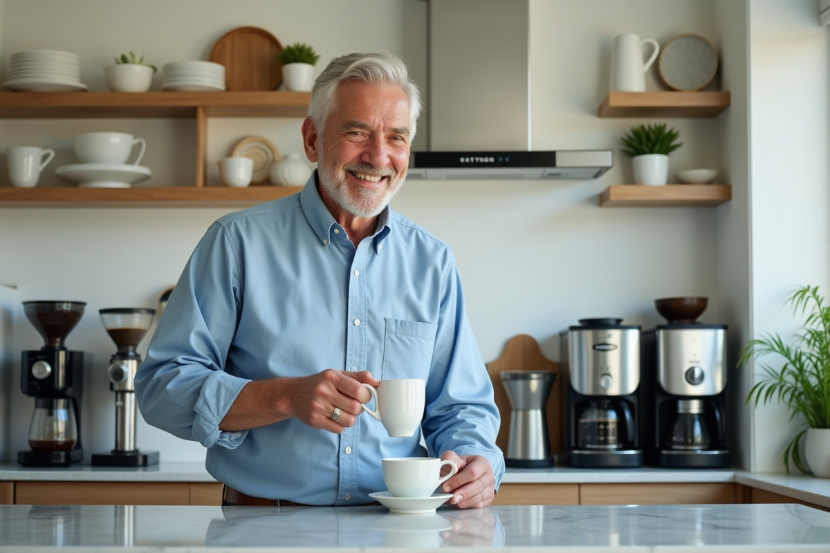Homme verse du café fraîchement préparé dans une tasse en cuisine