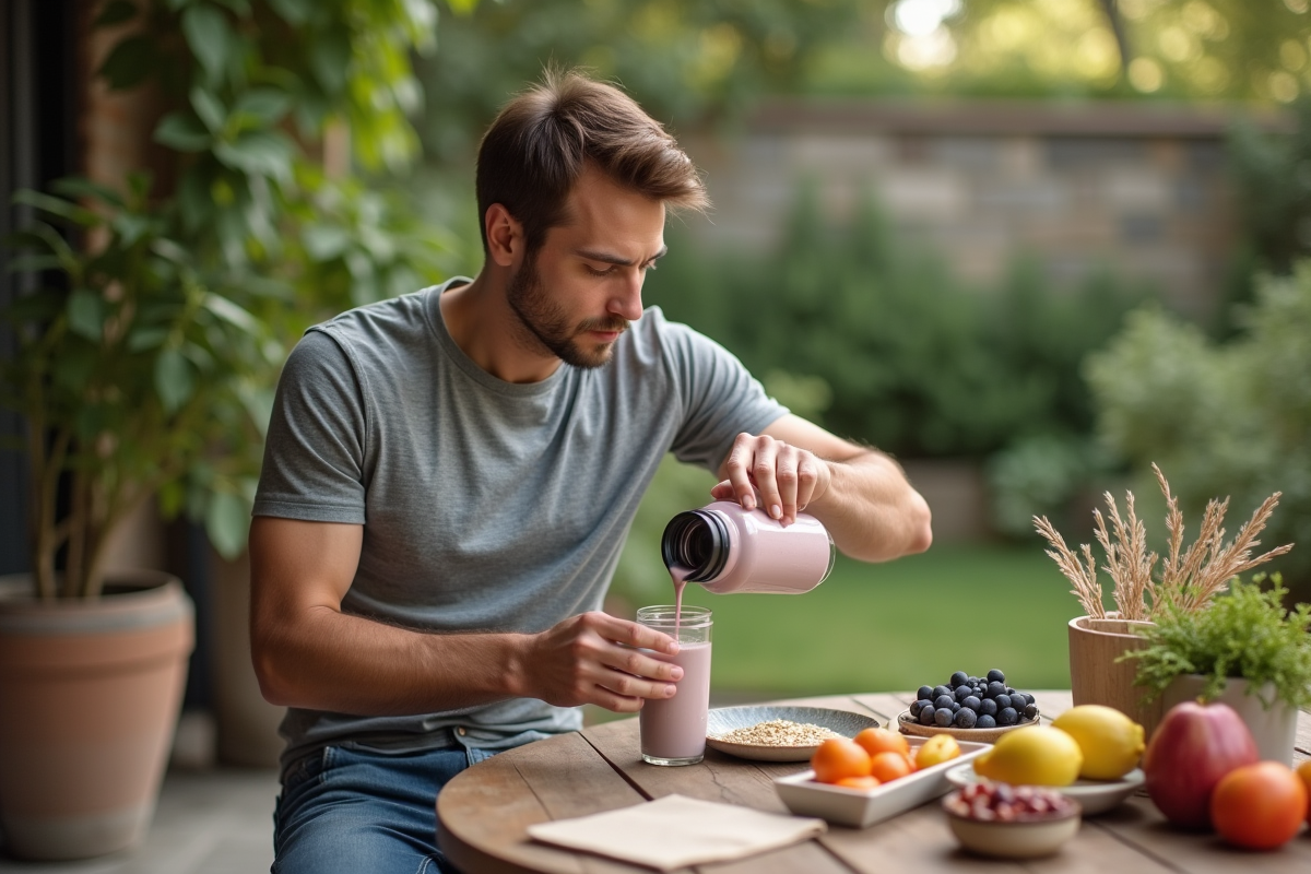 Jeune homme prépare un shake santé à l