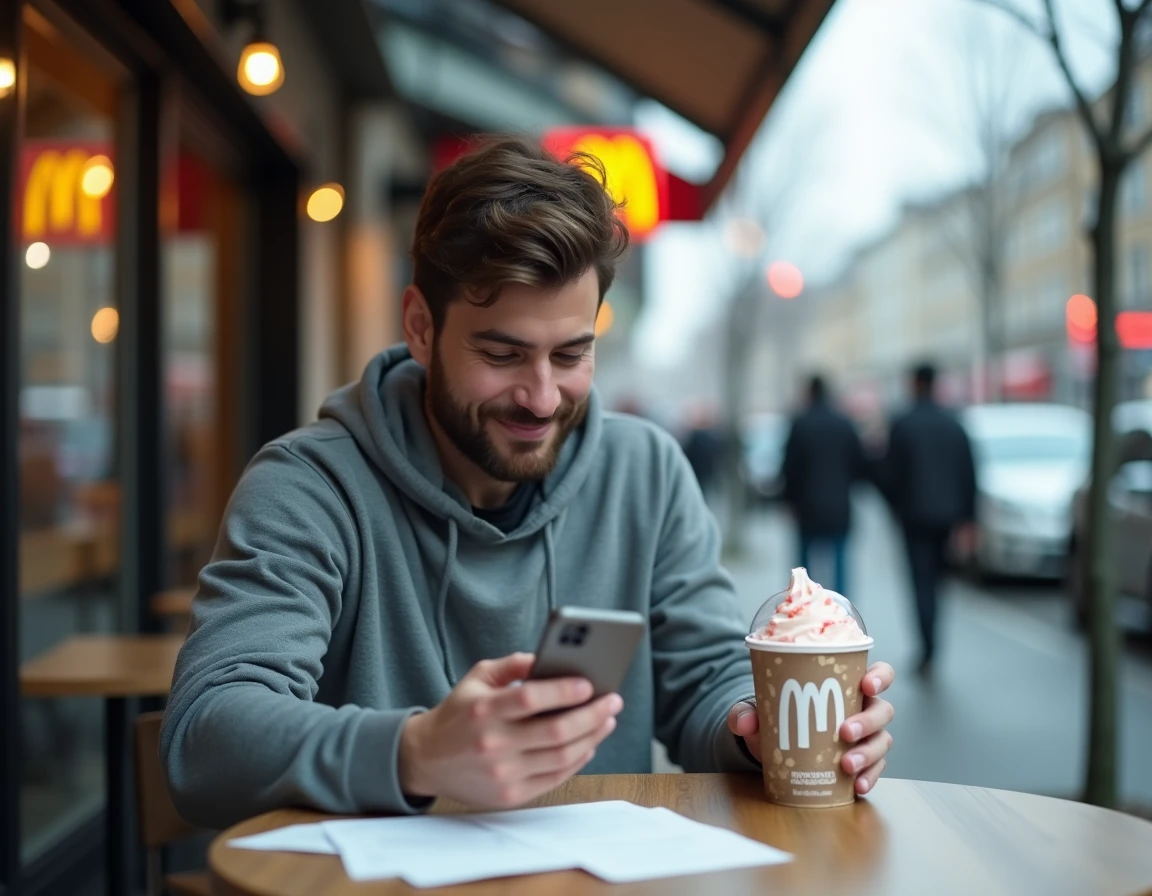 Homme comparant les prix du McFlurry McDonald's sur son smartphone en terrasse avec un reçu et un gobelet posés sur la table