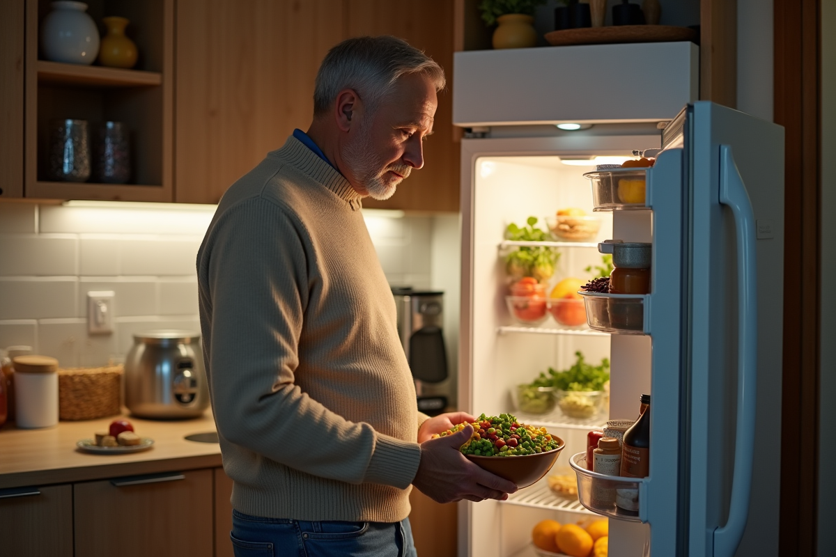Homme regardant un bol de légumes dans la cuisine