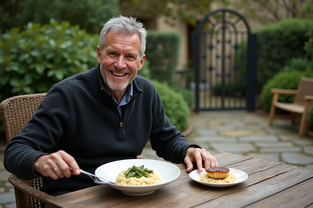 Homme dans le jardin servant risotto et asperges