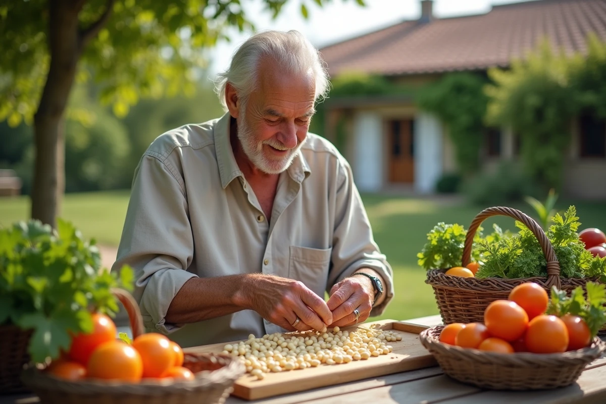 Homme âgé égrainant des haricots dans un cadre rural provençal